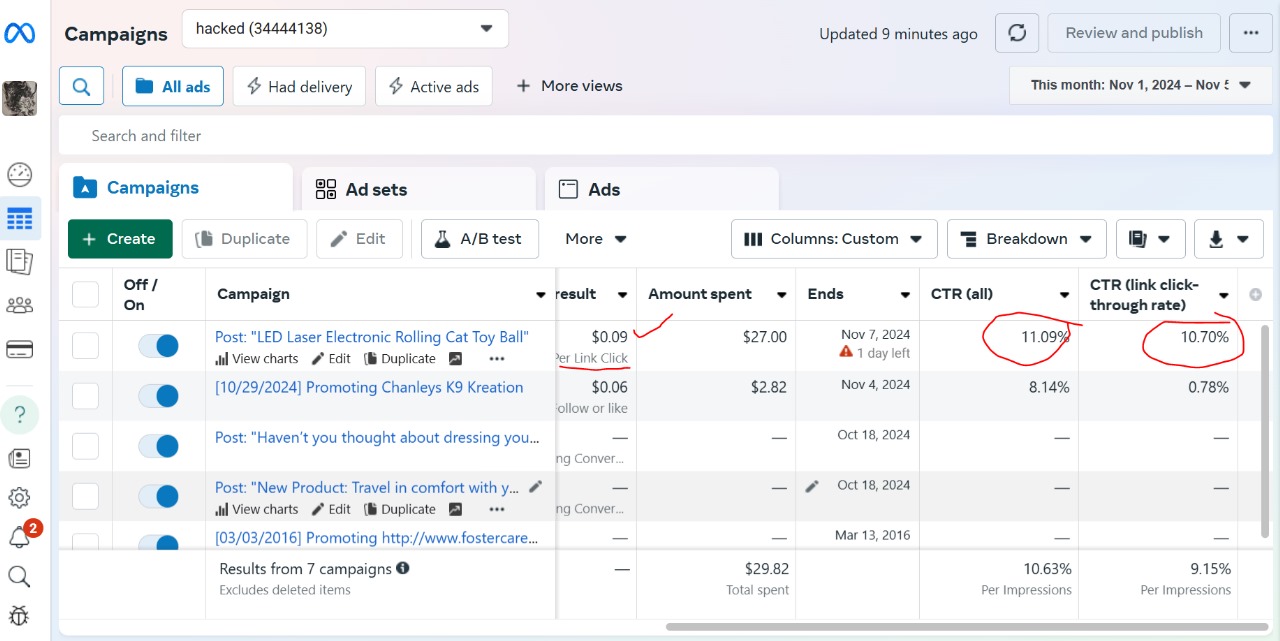 Meta Ads campaign with 11.09% CTR on all impressions and 10.70% link click-through rate