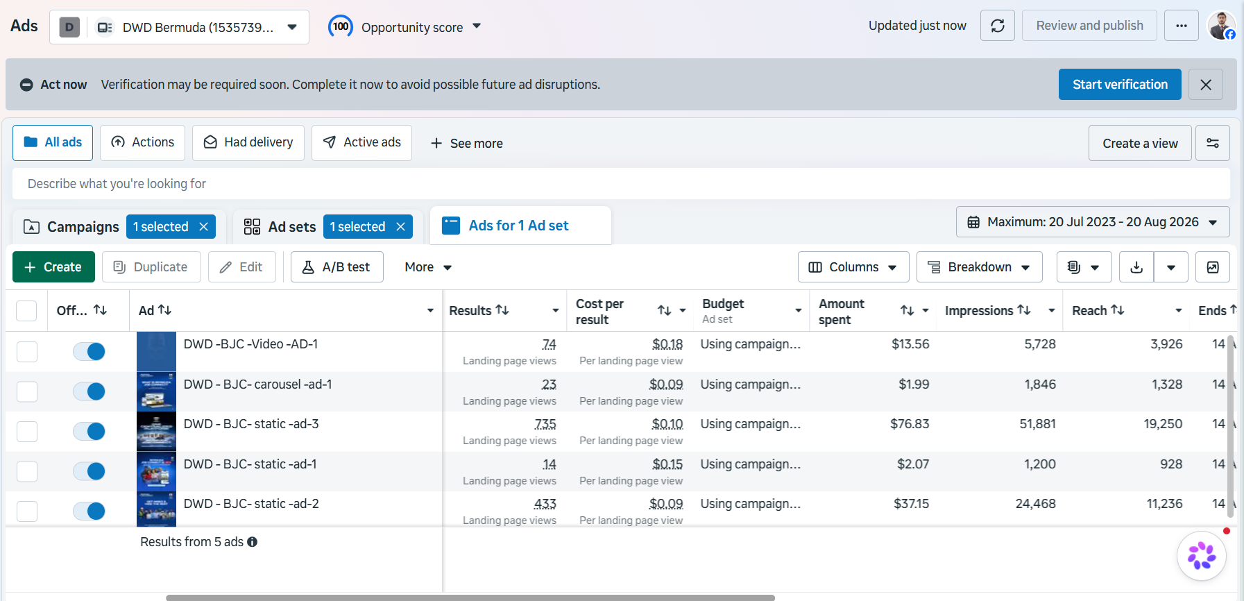 Meta Ads results for Bermuda College Dept of Workforce Development job campaign